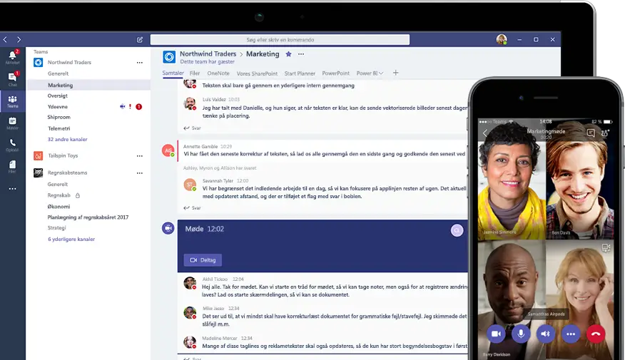 Kommuniker via chat møder og opkald i Microsoft Teams på tværs af enheder