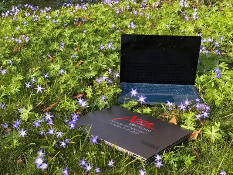 Blomster ved refurbished IT-udstyr symboliserer bæredygtig teknologi
