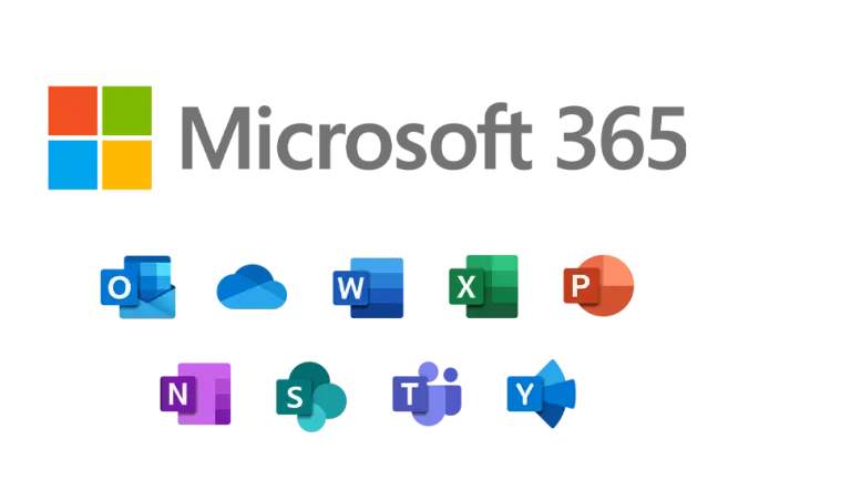 Ikoner og tjenester i Microsoft 365 pakken samlet i et overblik