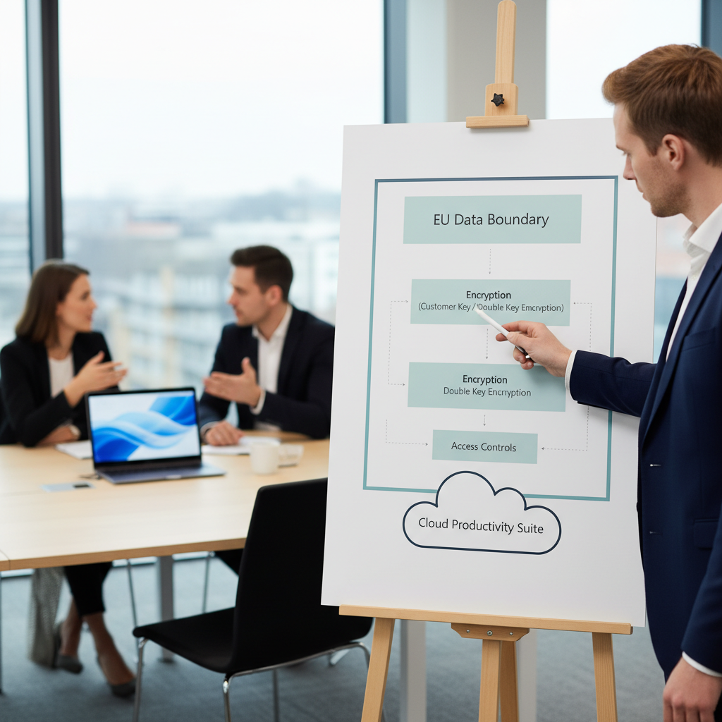 Illustration af EU Data Boundary og kryptering som lag oven på Microsoft 365