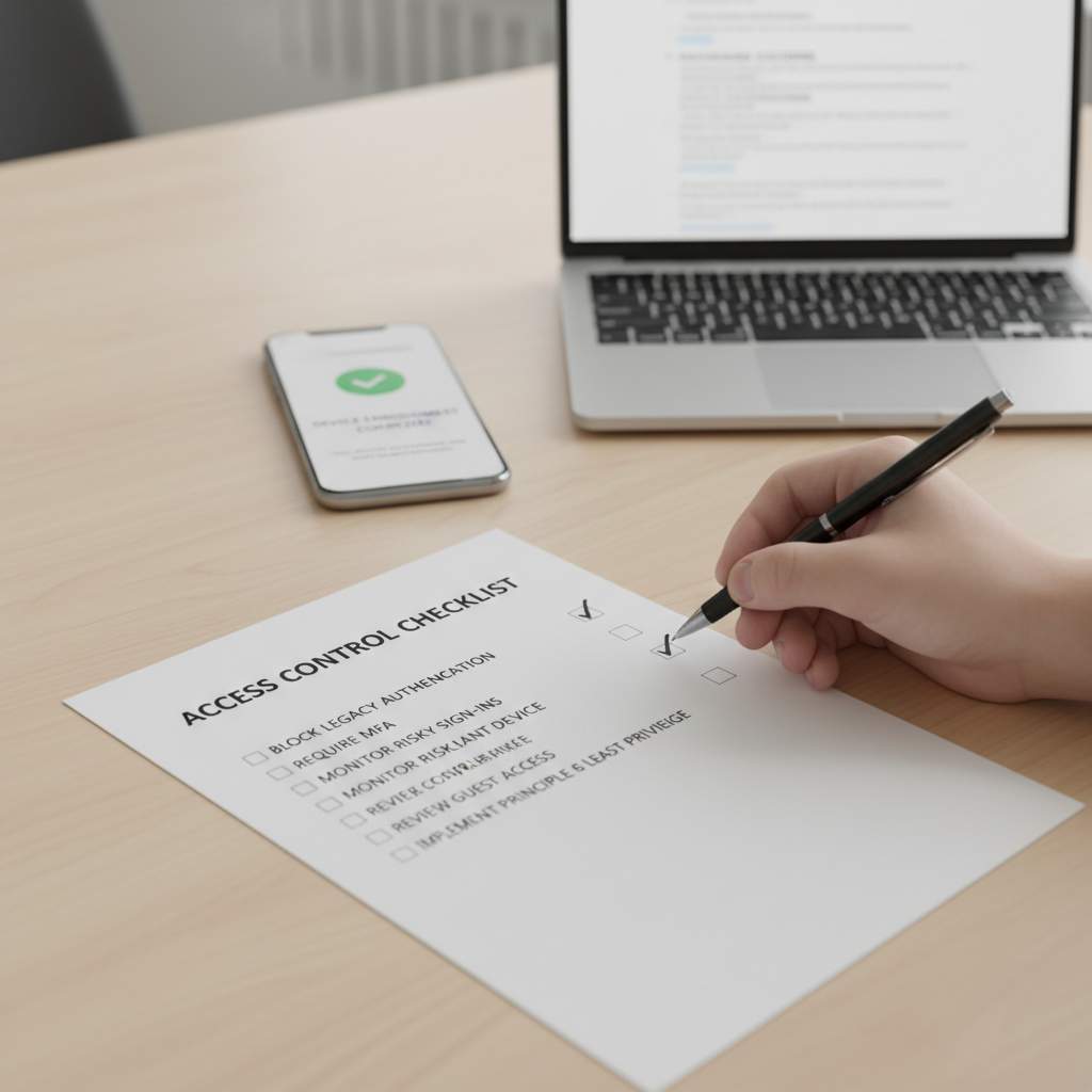 Tjekliste på papir for adgangskontrol: legacy auth, MFA, risky sign-ins og compliant device