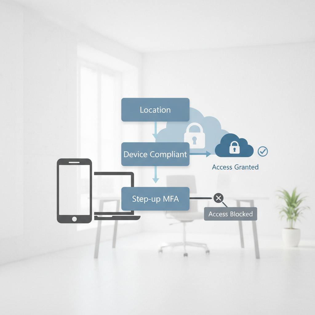 Illustration af login-flow med Conditional Access: placering, enhedstilstand og MFA-krav