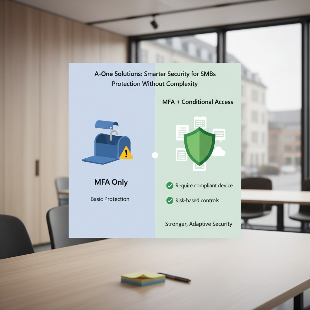 Illustration af forskellen på MFA alene versus Conditional Access med enhedskrav og risikobaseret kontrol