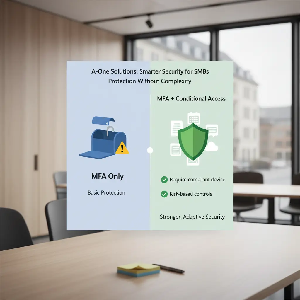 Illustration af forskellen på MFA alene versus Conditional Access med enhedskrav og risikobaseret kontrol