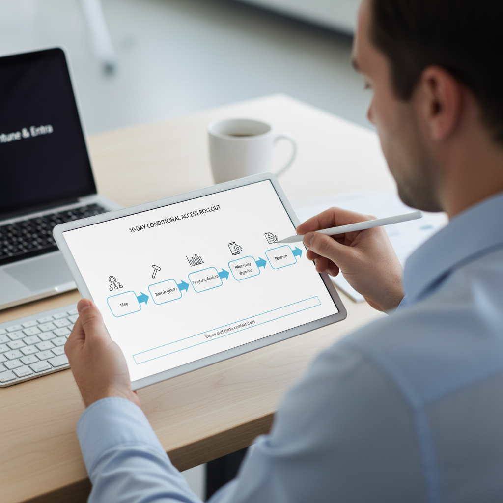 Flowchart for udrulning af Conditional Access: report-only, pilot, håndhævelse og løbende log-review