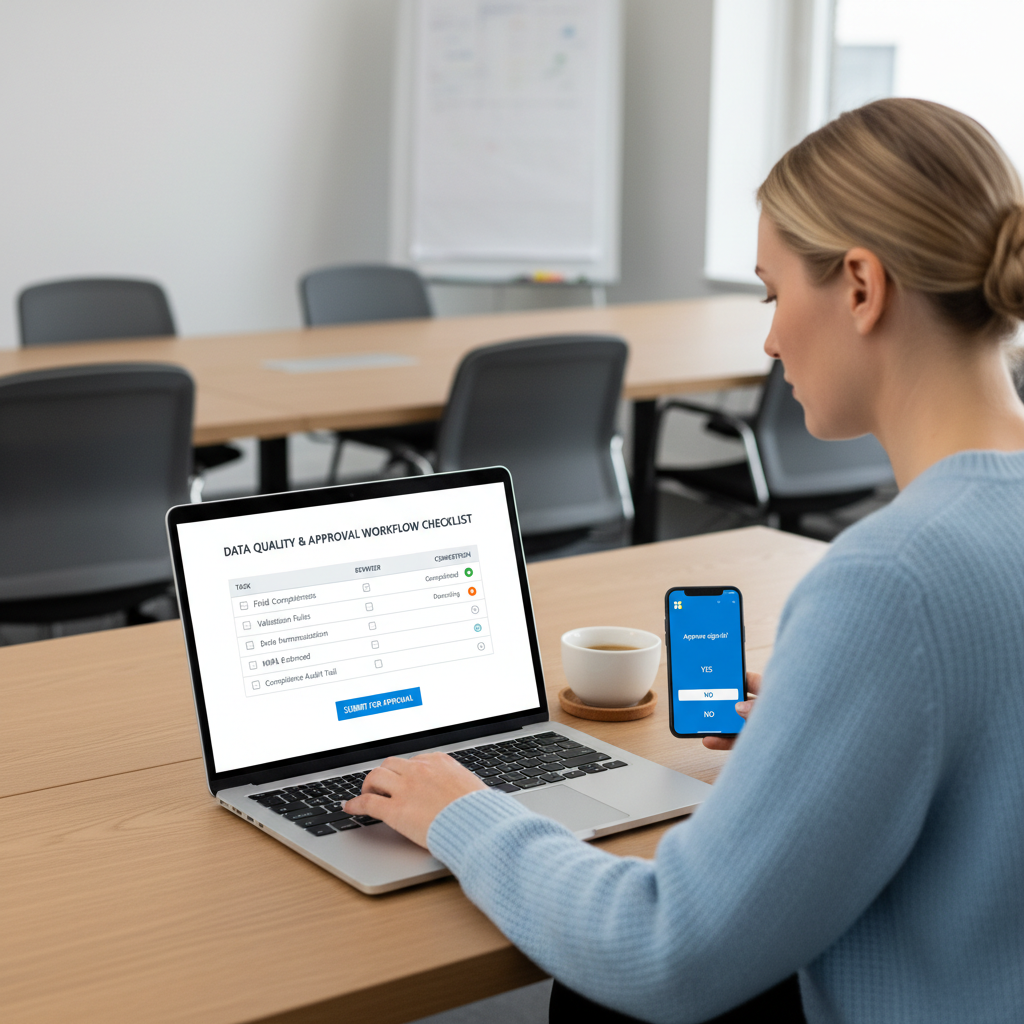 Tjekliste på skærm for datakvalitet og godkendelsesflow til fakturaer