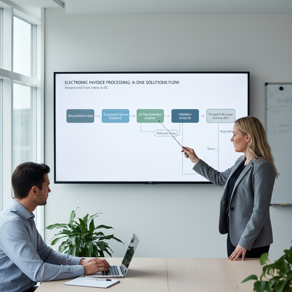 Flowdiagram over elektronisk fakturahåndtering fra indbakke til godkendelse i Business Central