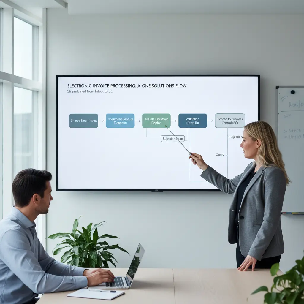 Flowdiagram over elektronisk fakturahåndtering fra indbakke til godkendelse i Business Central