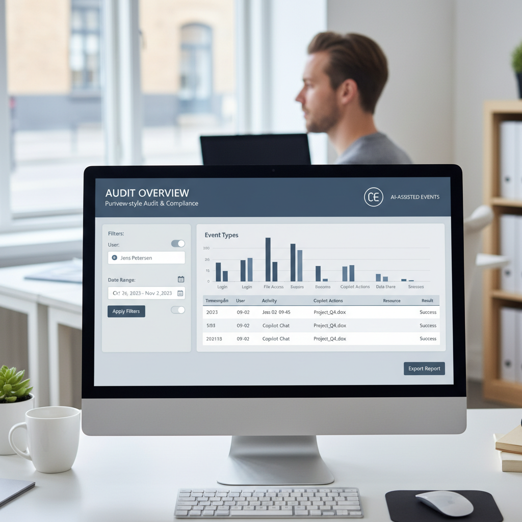 Skærmbillede-illustration: Purview Audit med filtrering på Copilot-hændelser