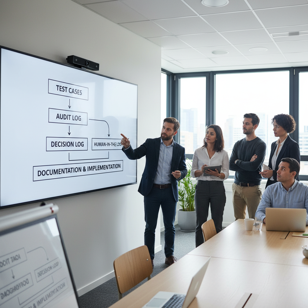 Illustration af governance-flow: testcases, audit-log, beslutning og dokumentation