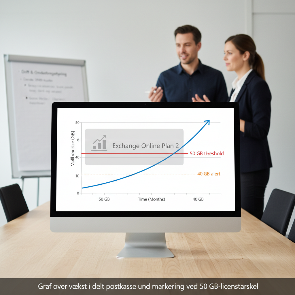 Graf der viser vækst i størrelsen på en delt postkasse og markering ved 50 GB