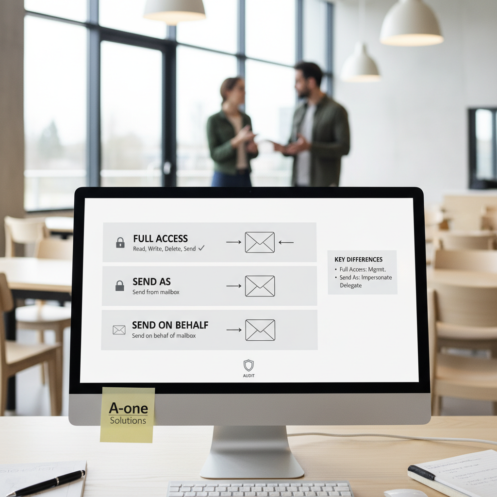 Tjekliste på papir og laptop med Microsoft 365 admin-indstillinger for delt postkasse