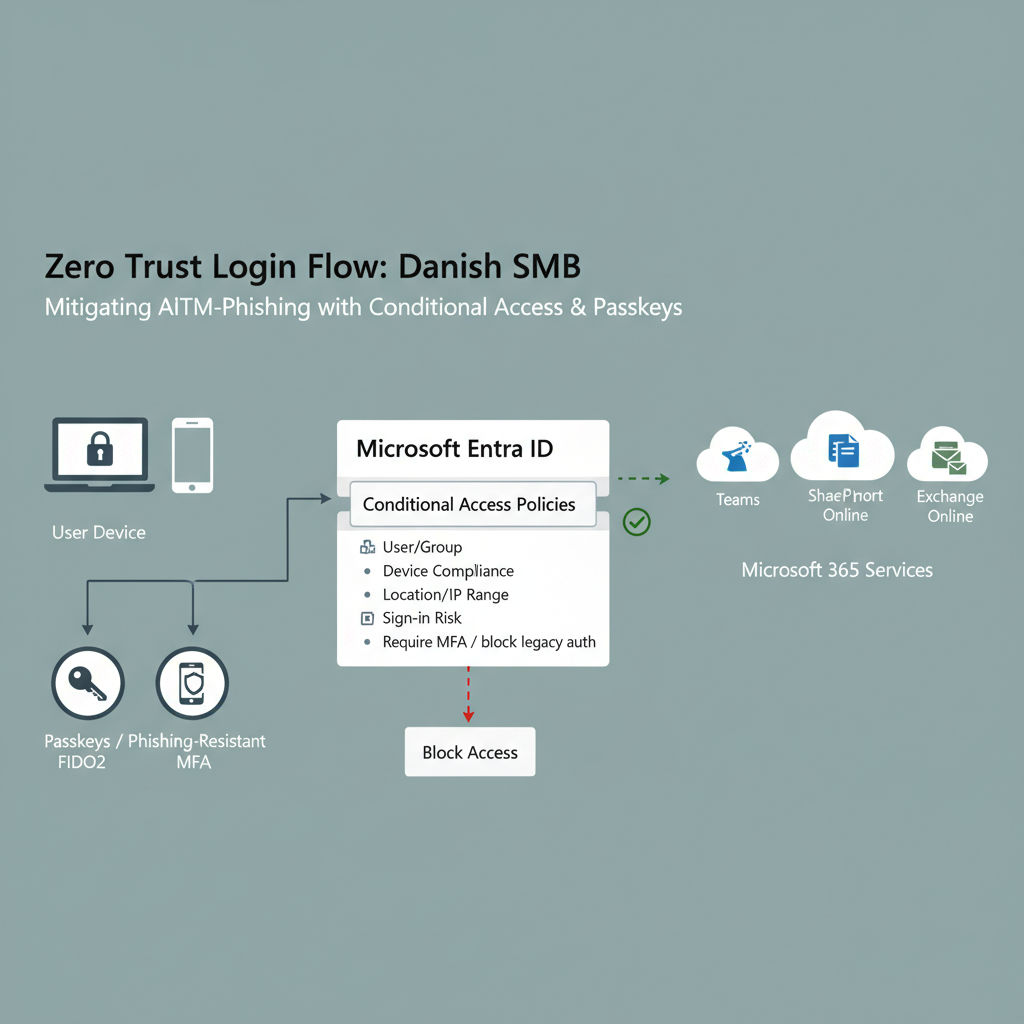Diagram over Zero Trust login-flow med Conditional Access og phishing-resistant MFA