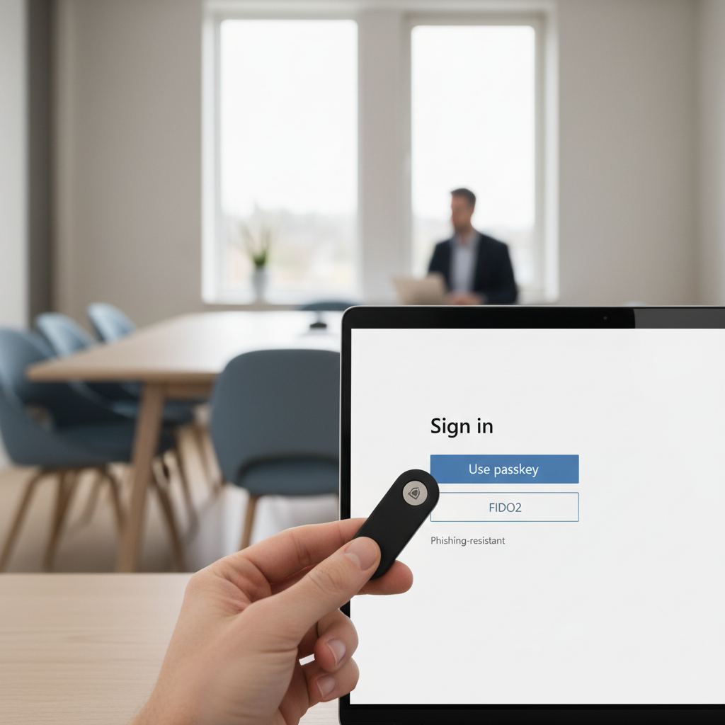 Illustration af Entra ID login og phishing-resistent MFA med passkeys eller FIDO2