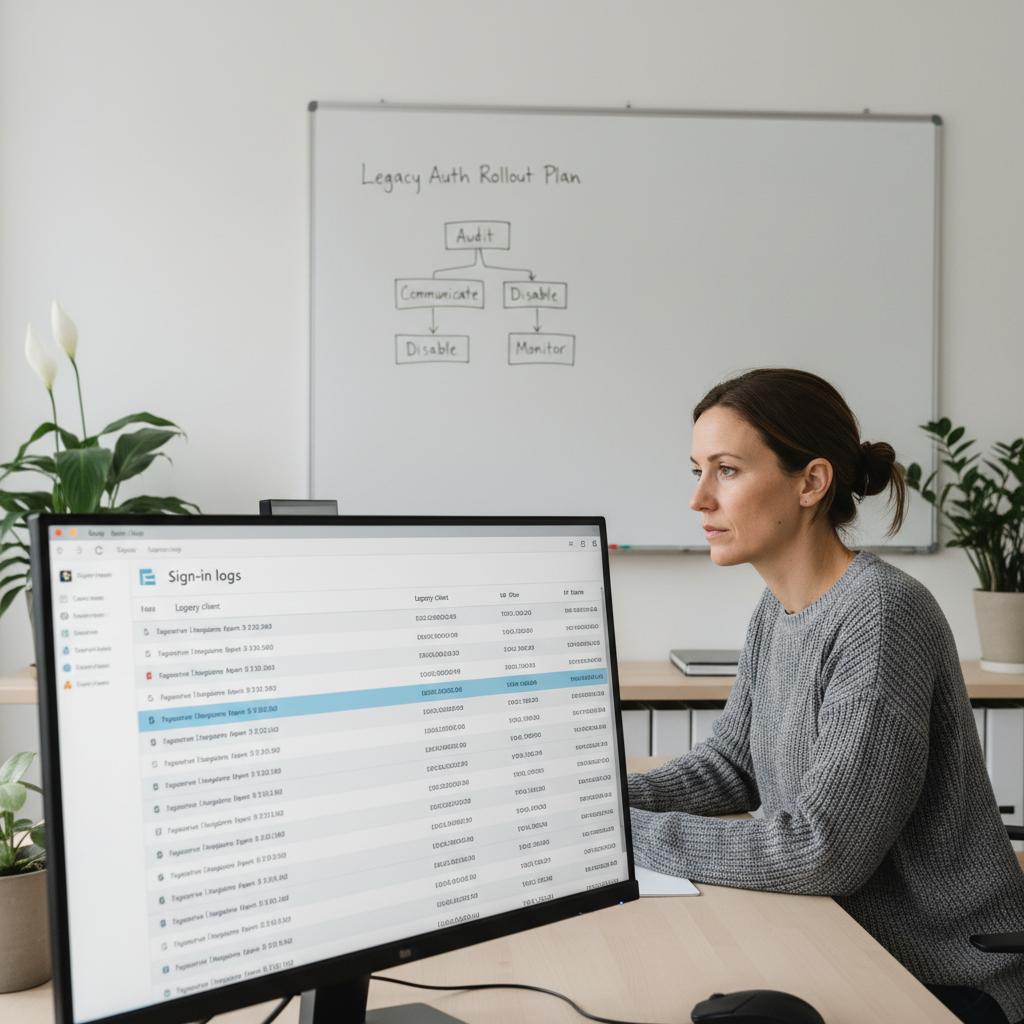 Admin tjekker sign-in logs i Entra ID for legacy authentication