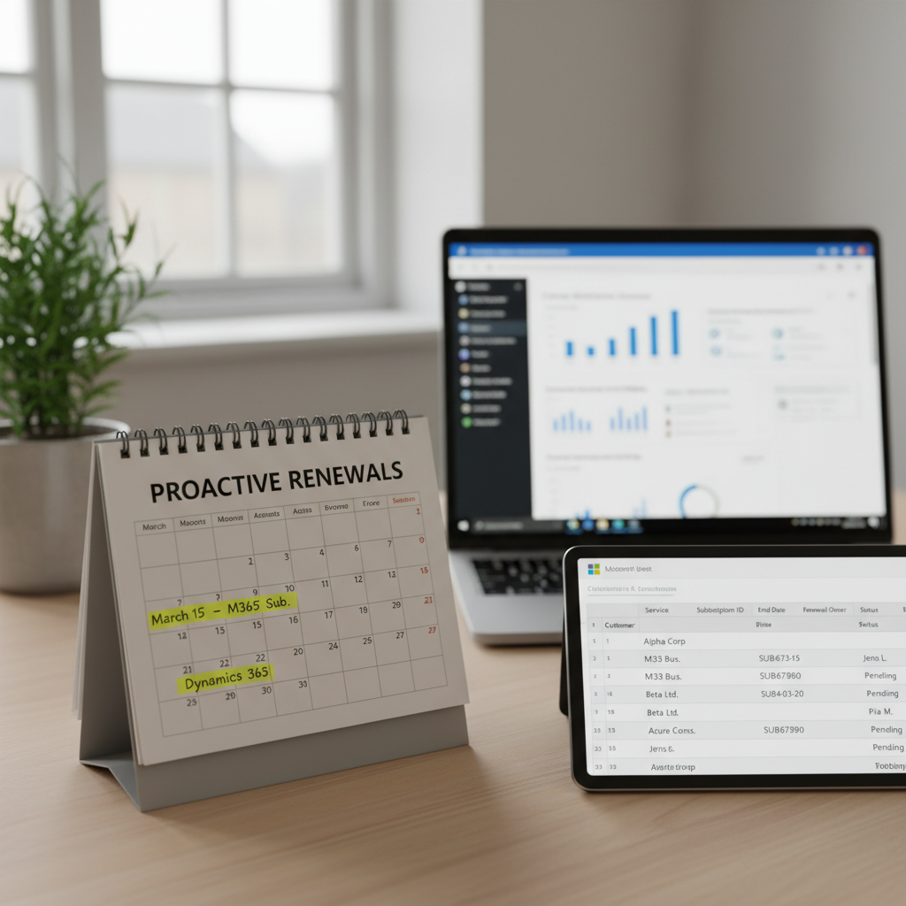 Kalender med fornyelsesdatoer og licensoversigt for Microsoft CSP