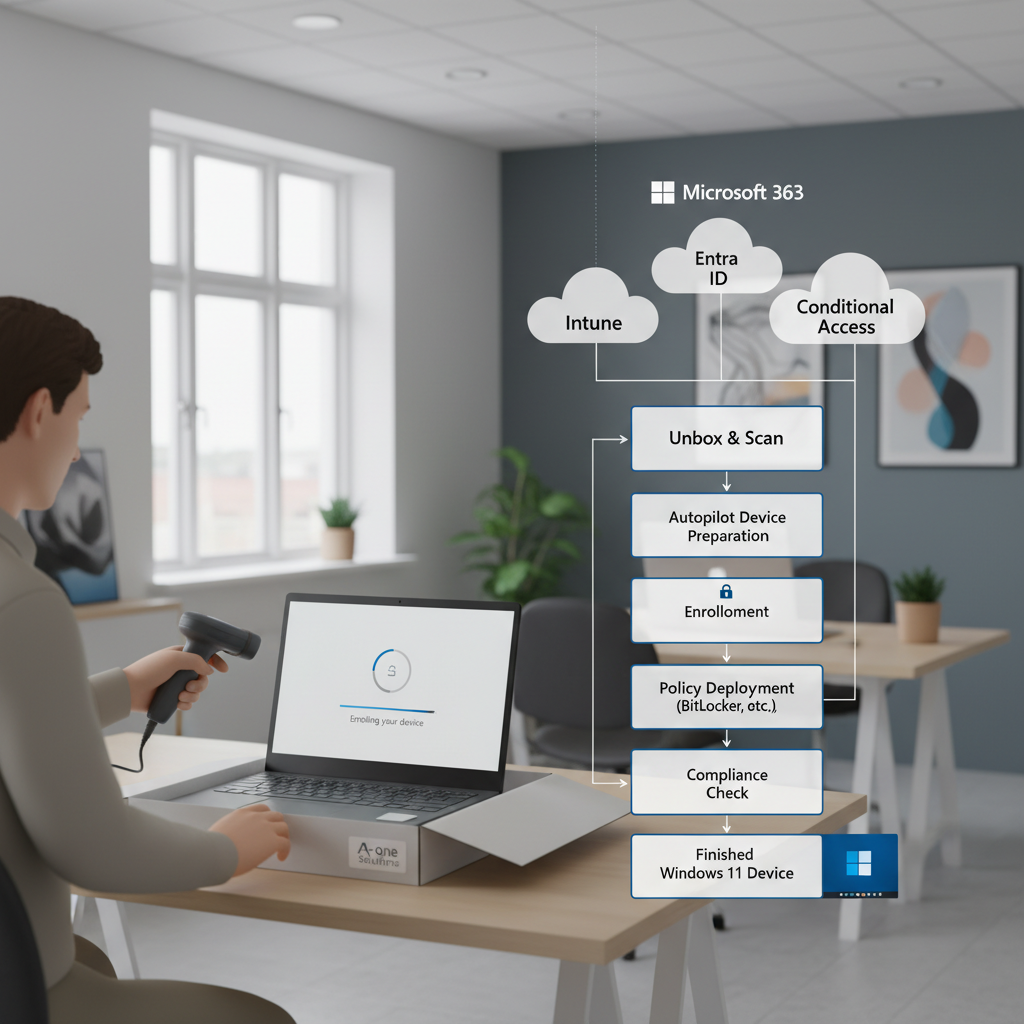 Skematisk flow for Intune onboarding fra udpakning til færdig Windows 11
