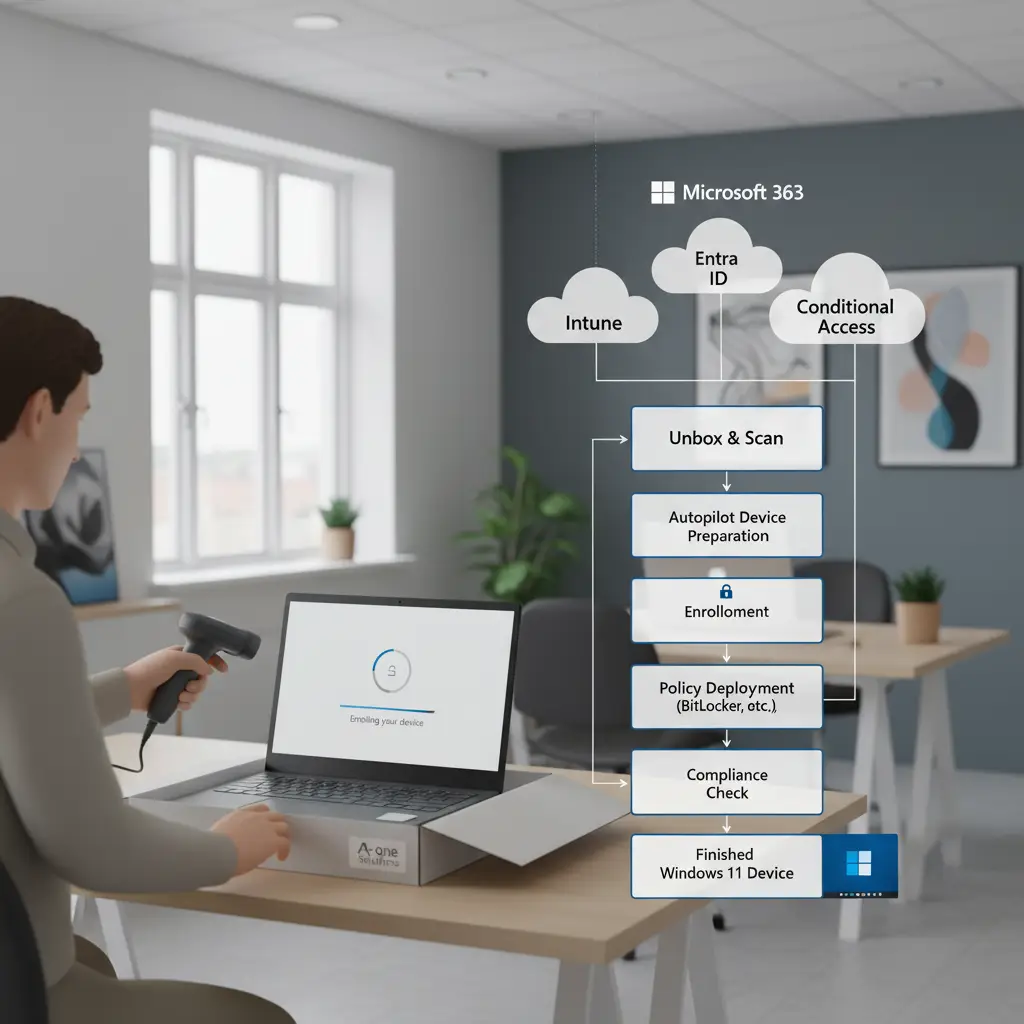 Skematisk flow for Intune onboarding fra udpakning til færdig Windows 11