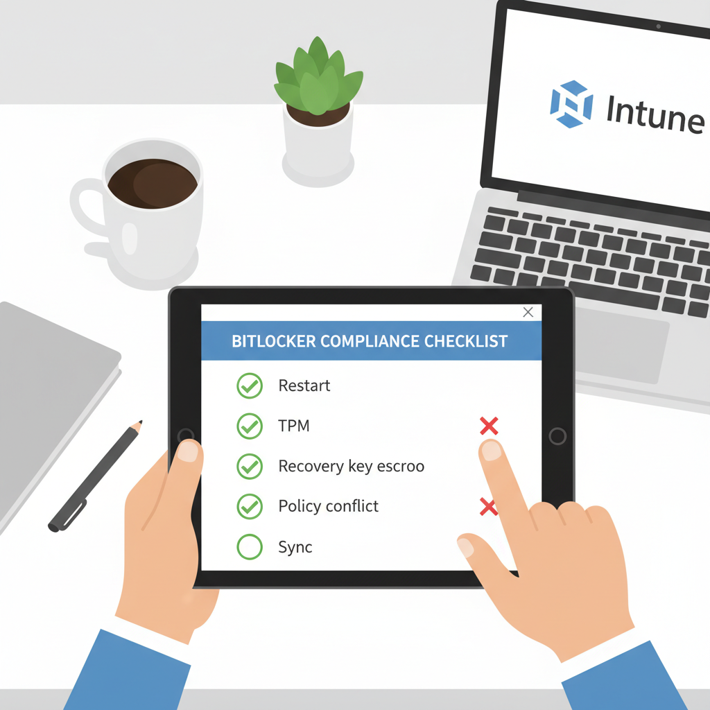 Tjekliste til BitLocker compliance med punkter som genstart, TPM og recovery key escrow