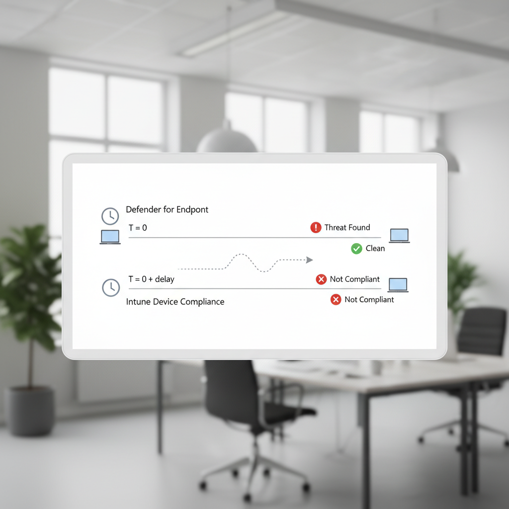 Illustration af timing-forsinkelse mellem Defender signaler og Intune compliance status
