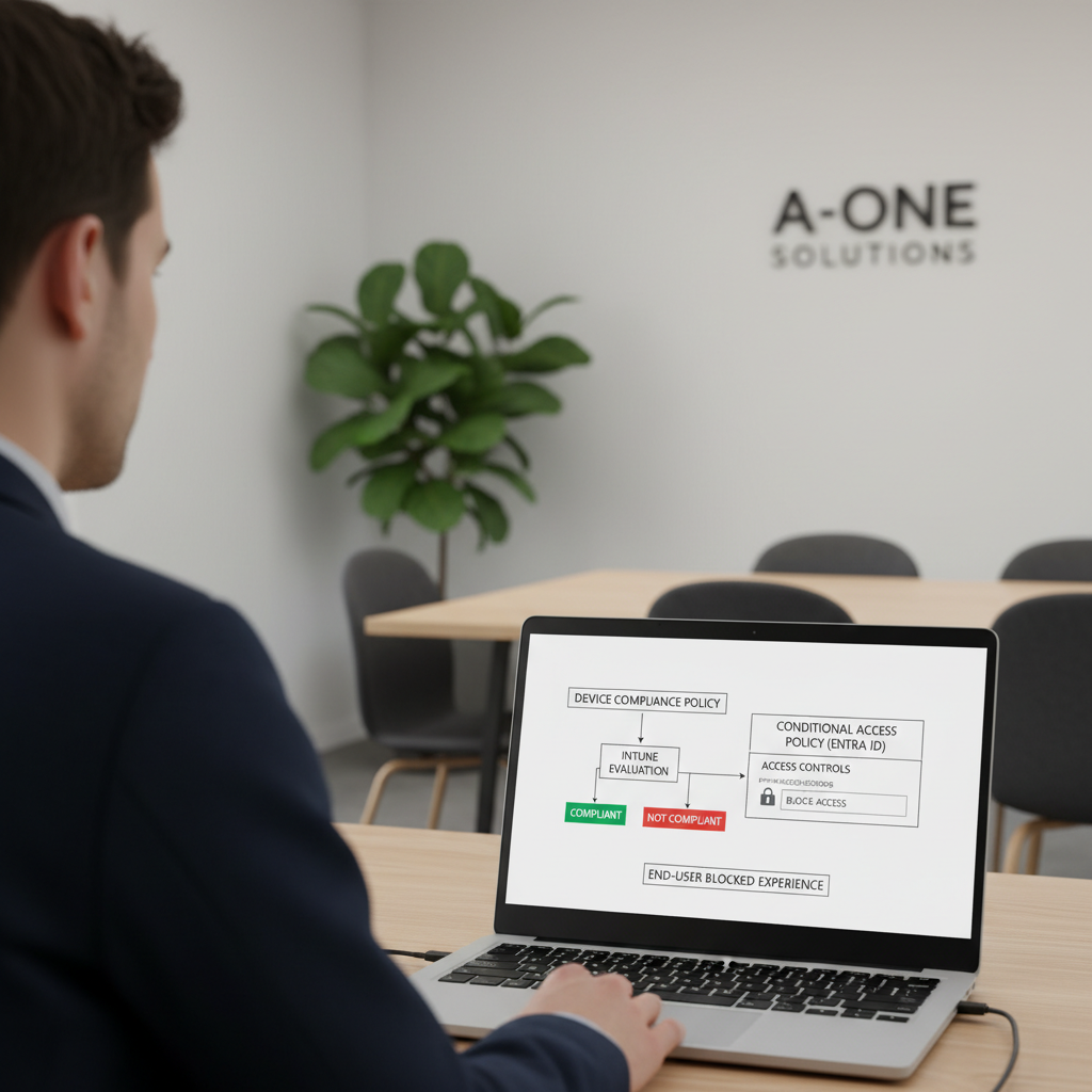 Skærmbillede-lignende diagram der viser flowet fra compliance policy til Conditional Access blokering