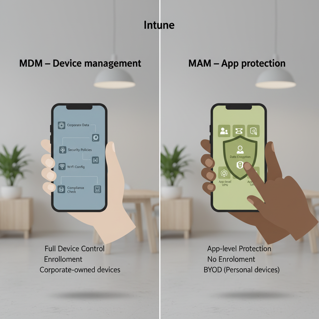 Diagram der viser forskellen på Intune MDM (styrer hele enheden) og MAM (styrer kun firmadata i apps)