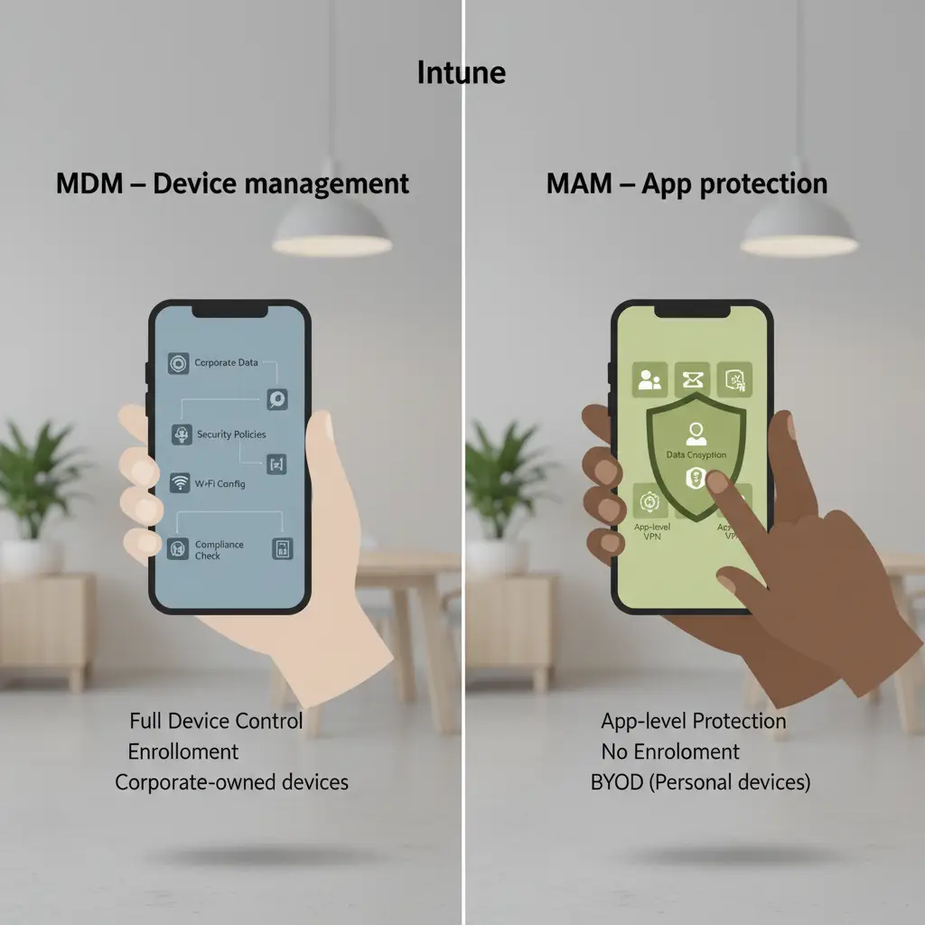 Diagram der viser forskellen på Intune MDM (styrer hele enheden) og MAM (styrer kun firmadata i apps)