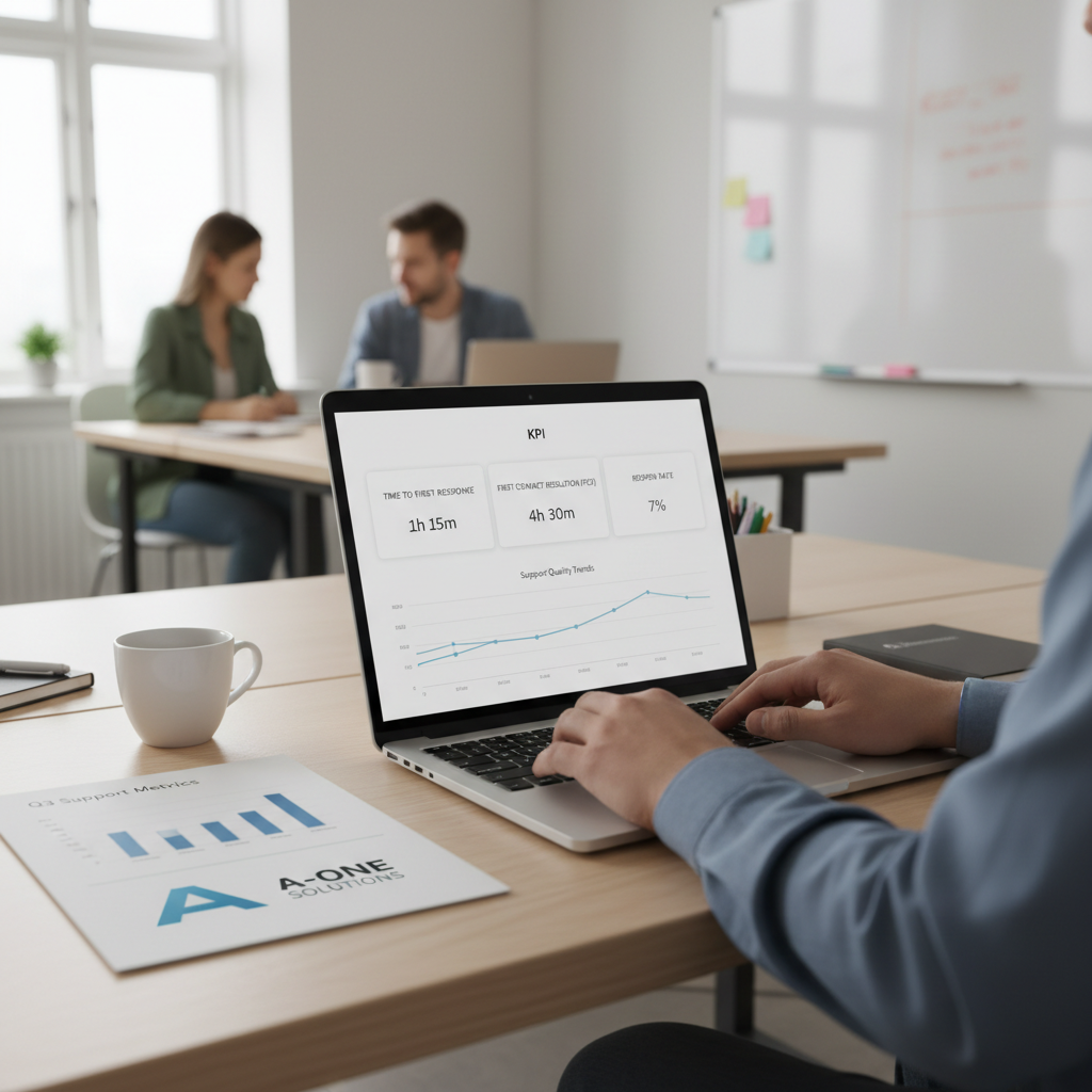 Dashboard med KPI’er for IT support kvalitet og løsningstid