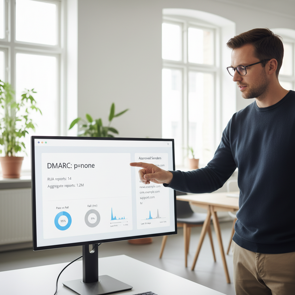Skærmbillede-lignende grafik af DMARC-rapportering og godkendte afsendere