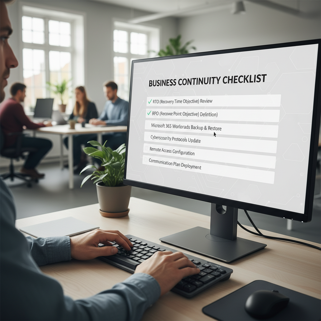 Tjekliste på skærm med RTO, RPO og Microsoft 365 workloads