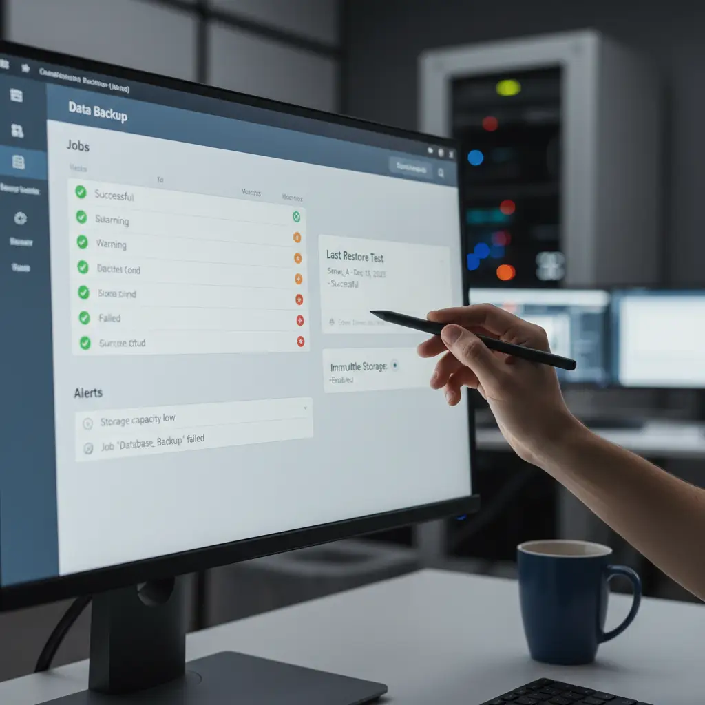 Kontrolpanel der viser backup-jobs, alarmer og seneste restore-test