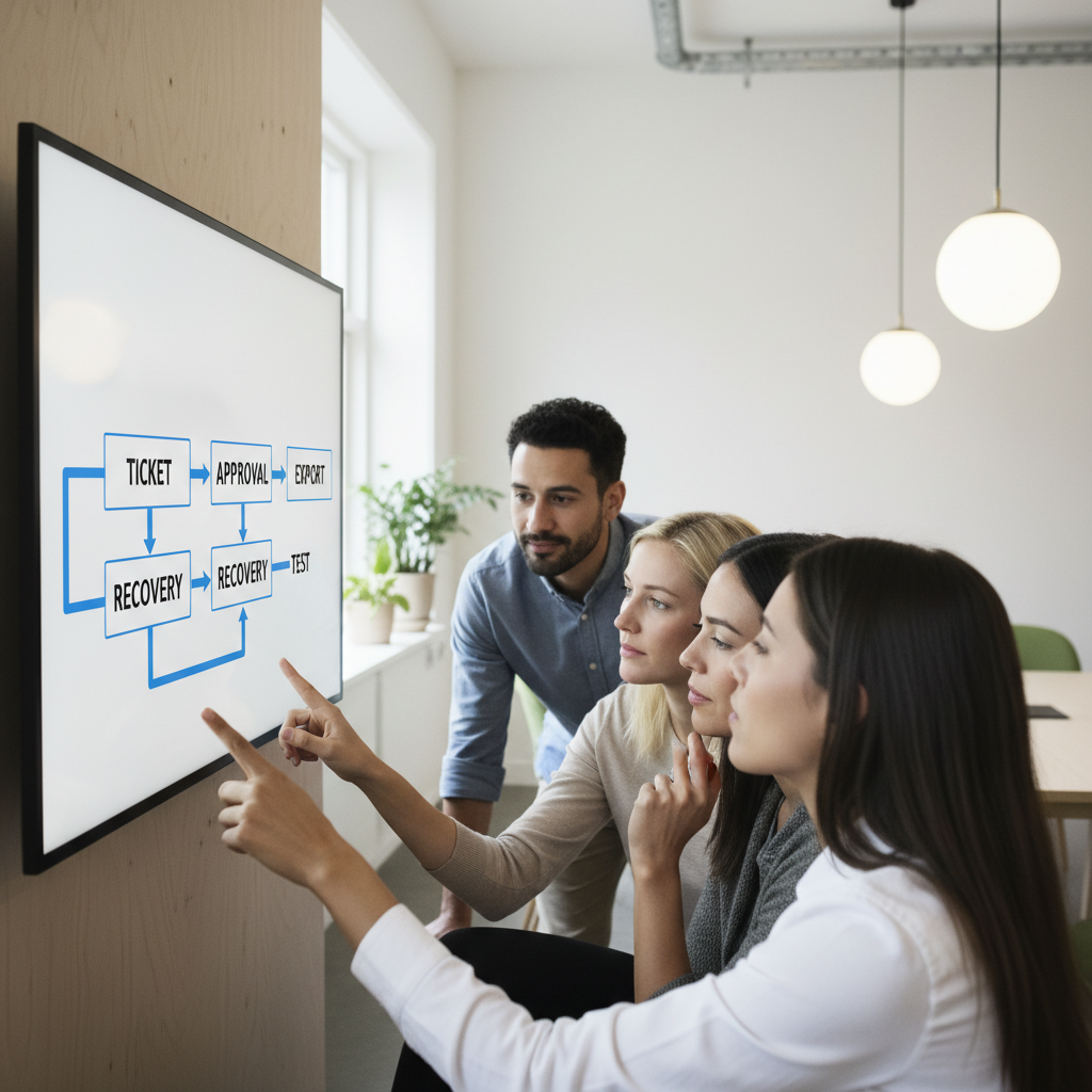 Illustration af ændringsstyring: ticket, godkendelse, eksport og gendannelsestest for Microsoft 365