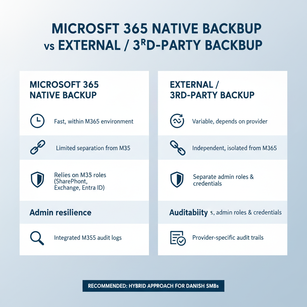 Skema der sammenligner Microsoft 365 Backup og ekstern backup med fokus på separation og restore