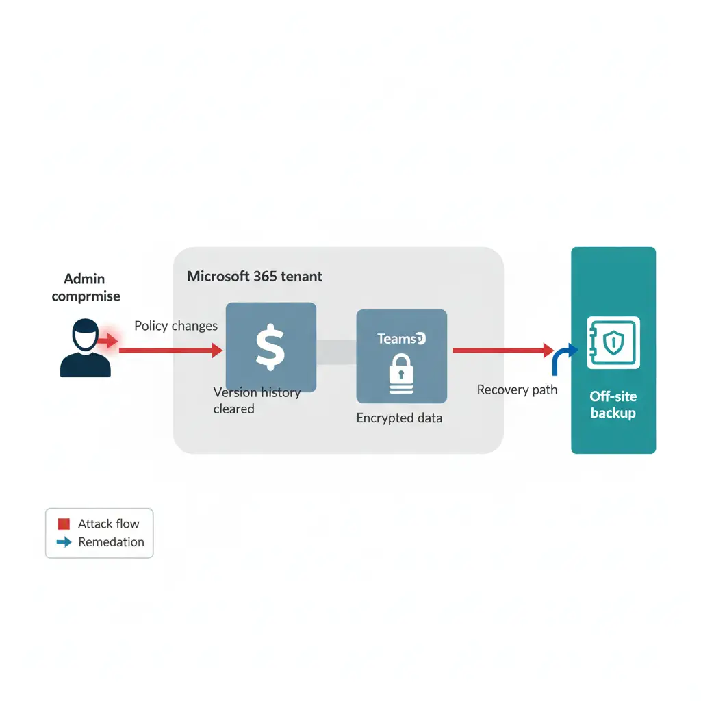 Diagram over angrebsforløb fra kompromitteret admin til krypterede SharePoint-filer