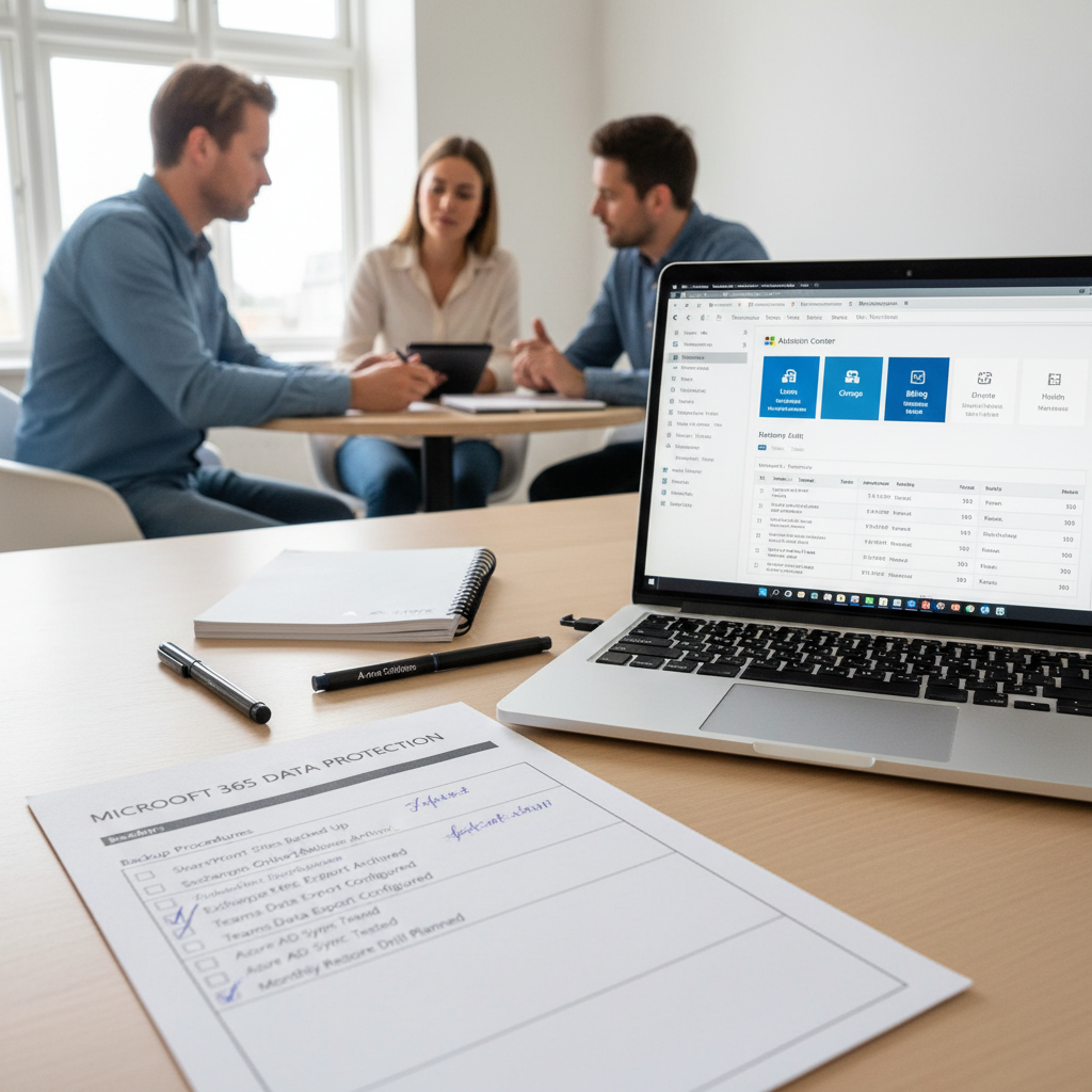 Tjekliste på papir ved siden af en laptop med Microsoft 365 admin-portal