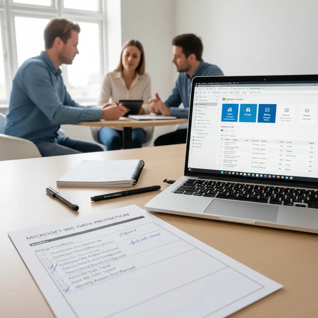 Tjekliste på papir ved siden af en laptop med Microsoft 365 admin-portal