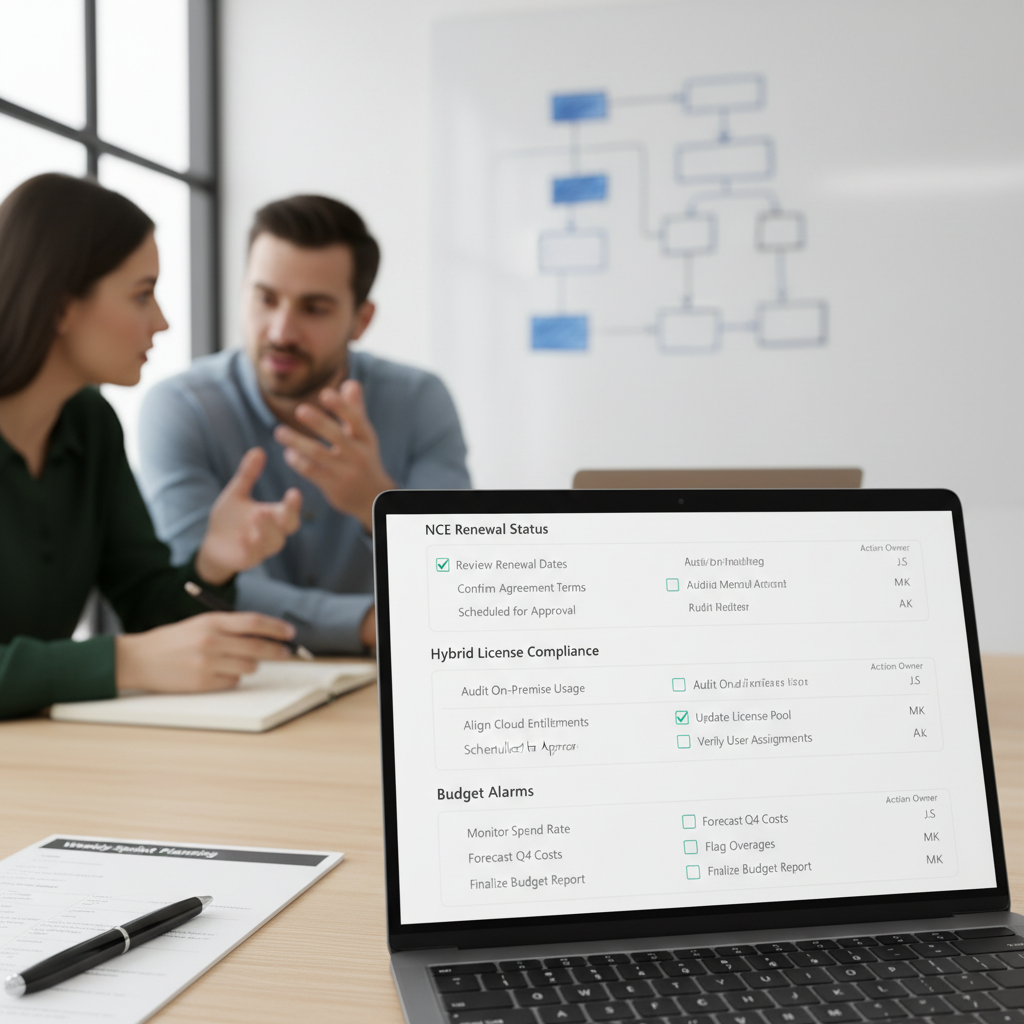 Tjekliste på skærm for NCE-fornyelse, hybrid-licenser og budgetalarmer
