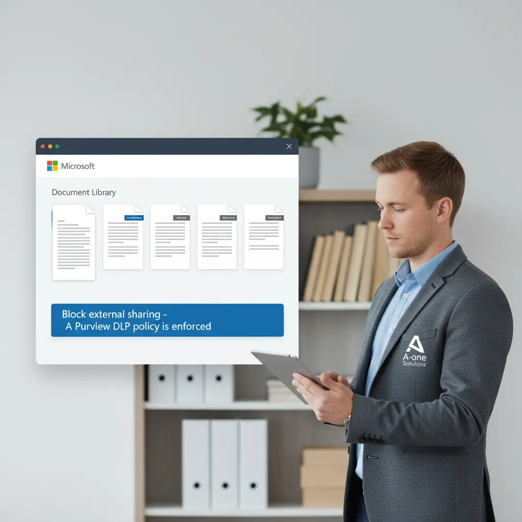 Illustration af Microsoft Purview labels og policies til at styre deling af følsomme dokumenter