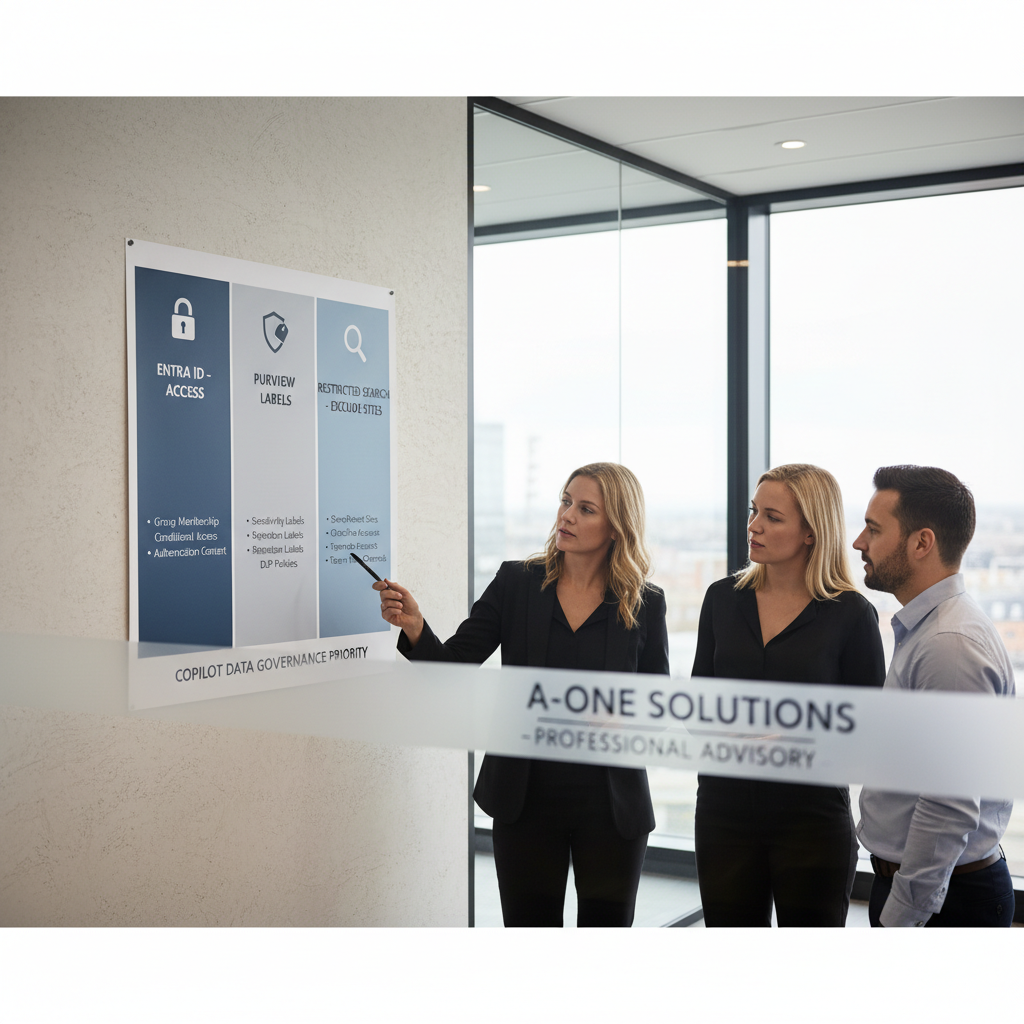 Diagram der viser valg mellem Entra ID, Purview og SharePoint Restricted Search til Copilot data governance