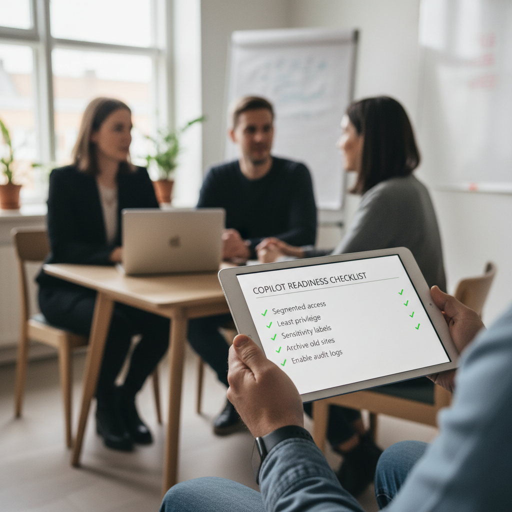 Eksempel på Copilot readiness tjekliste med fokus på adgang, labels og logging
