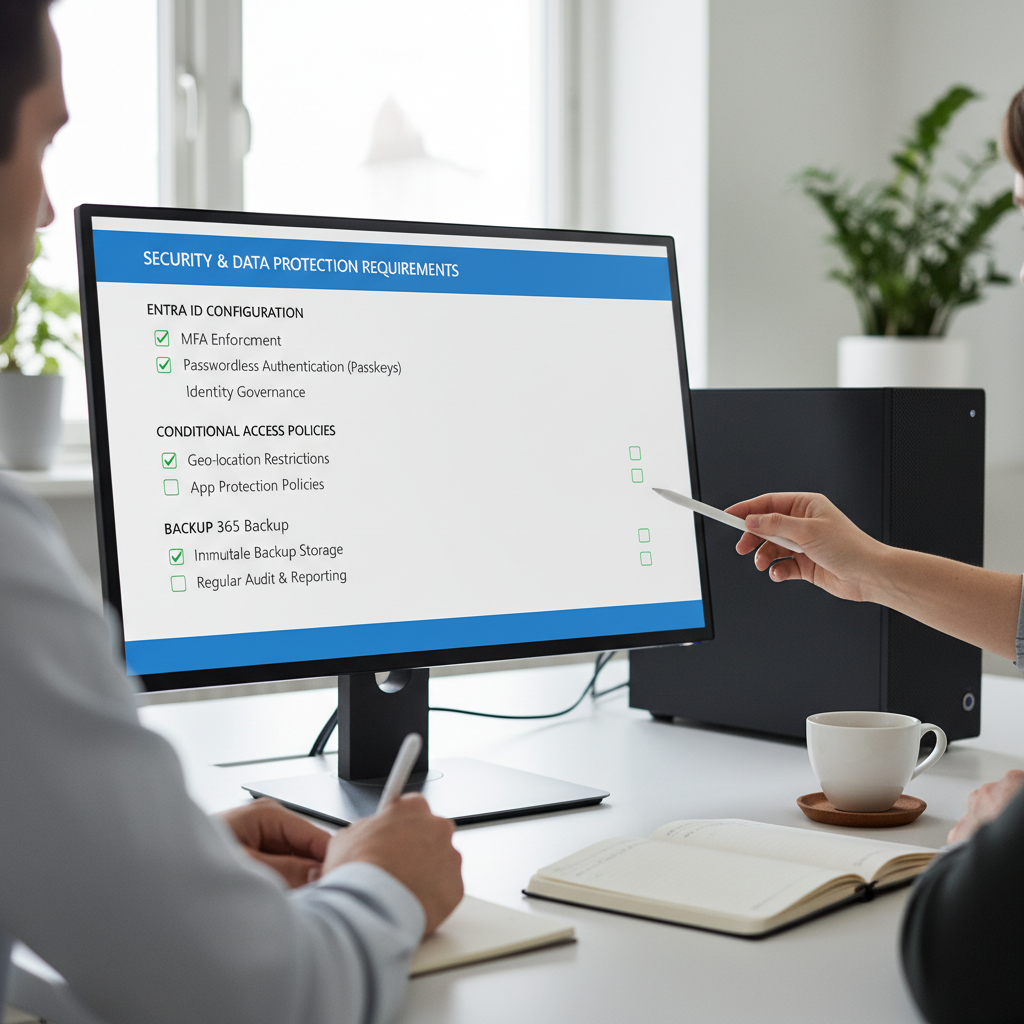 Tjekliste på skærm for Entra ID, Conditional Access og backup-krav