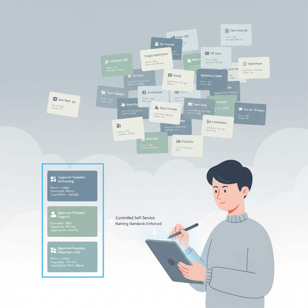 Illustration af Teams-sprawl med mange Teams og SharePoint-sites uden ejere og udløbsdato