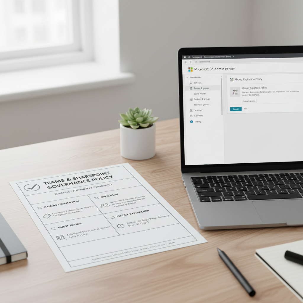 Tjekliste på én side for Teams og SharePoint governance med navngivning, ejere, gæster og udløb