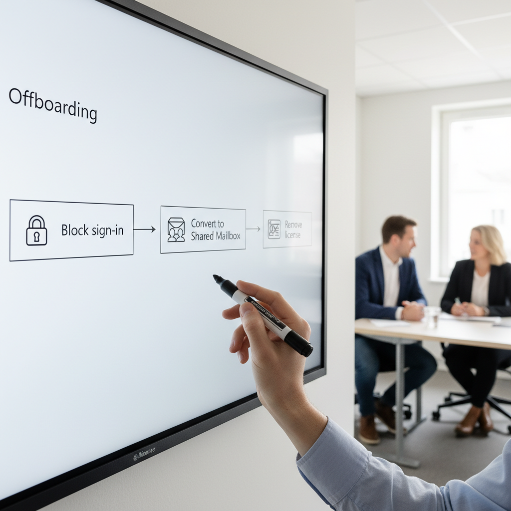 Diagram-koncept: Offboarding flow fra blokering til shared mailbox og fjernet licens