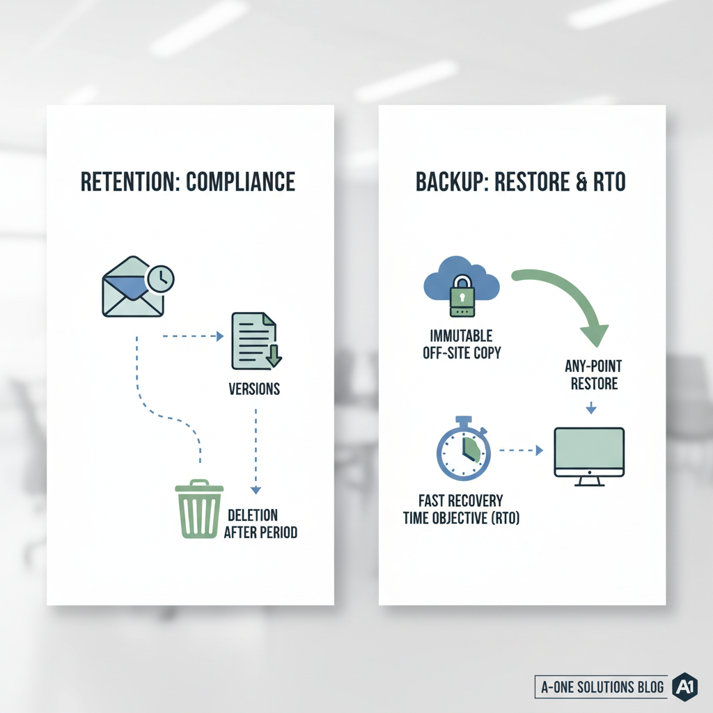 Diagram der viser forskellen på retention i Microsoft 365 og rigtig backup med gendannelse