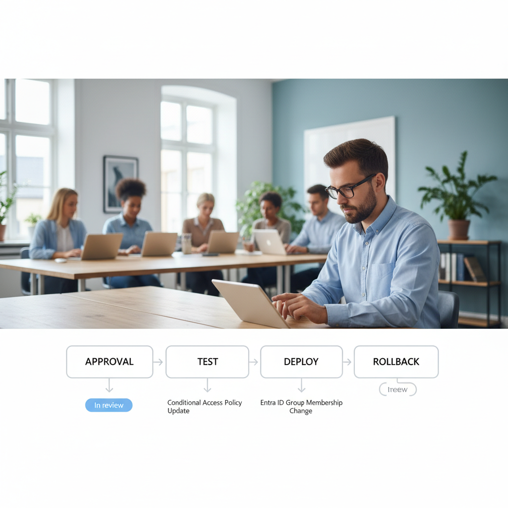Skærm-illustration af change management: godkendelse, test, udrulning og rollback i Microsoft 365