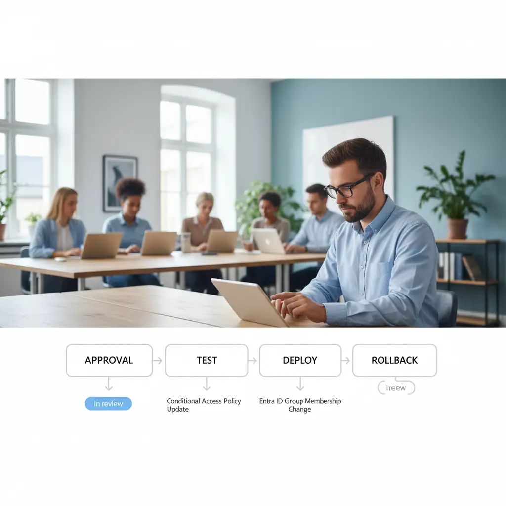 Skærm-illustration af change management: godkendelse, test, udrulning og rollback i Microsoft 365