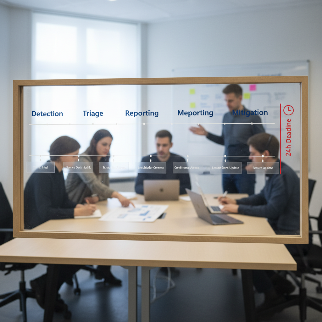 Illustration af NIS2 24-timers tidslinje med detektion, triage, rapportering og afhjælpning
