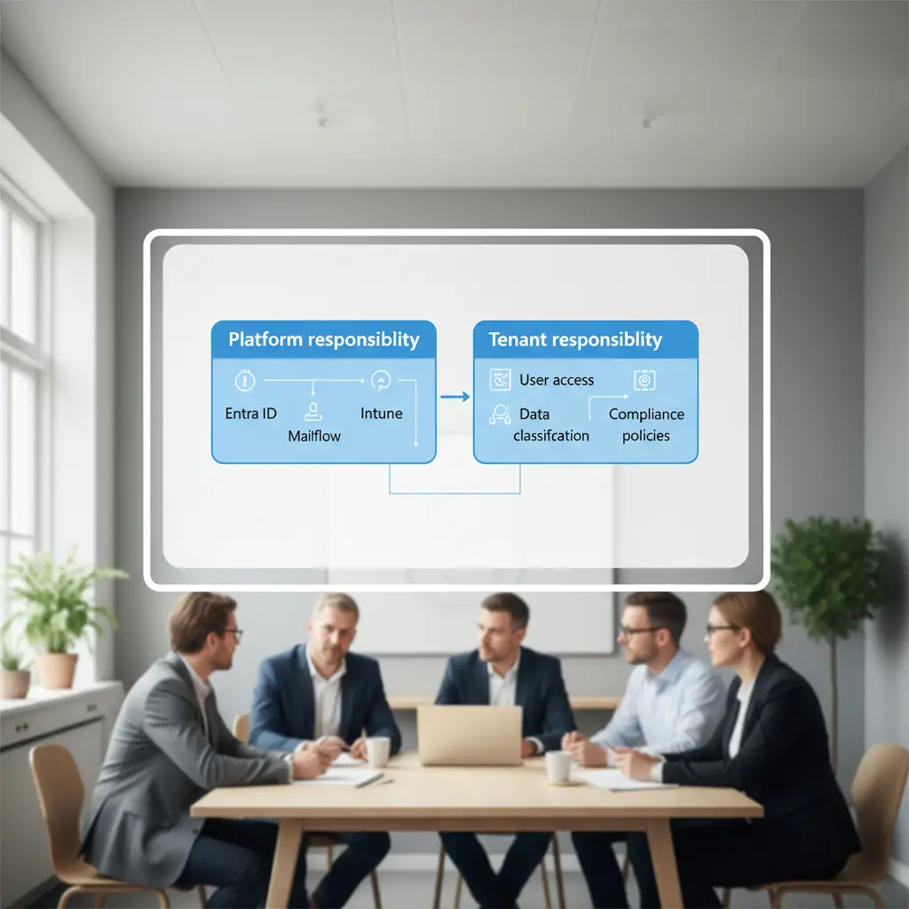 Diagram med to bokse: Microsoft platform-ansvar og virksomhedens tenant-ansvar i Microsoft 365