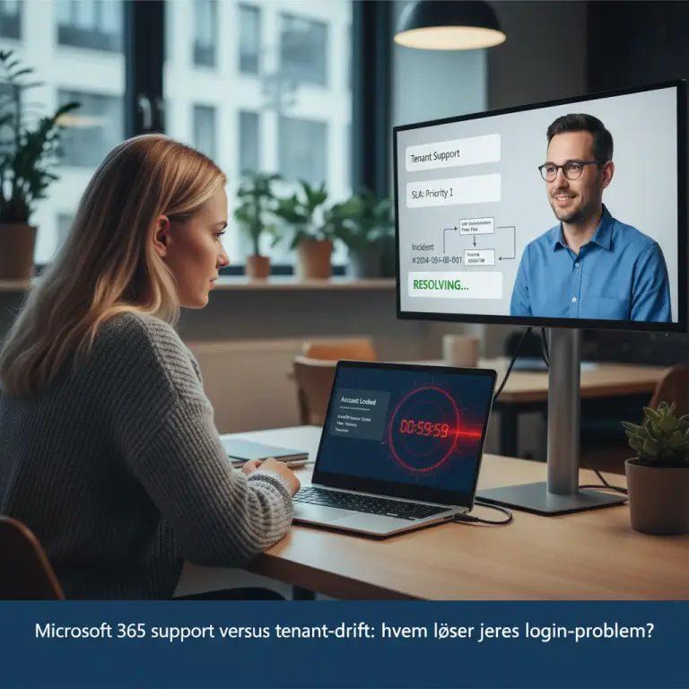 IT-administrator gennemgår Microsoft 365 support aftale og tenant-konfiguration på skærm